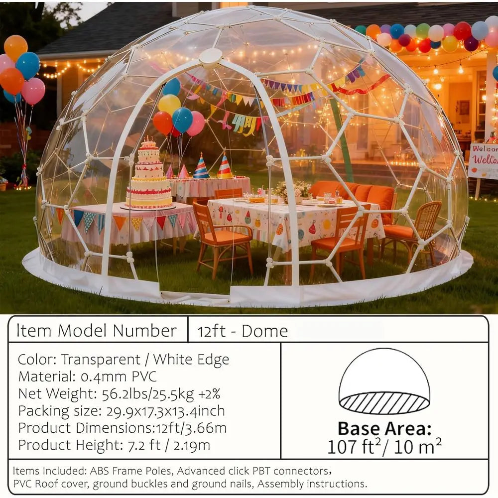 12ft x 7.2ft Clear PVC Outdoor Dome Tent for 4-7 People, Waterproof Bubble House for Camping and Backyard Parties