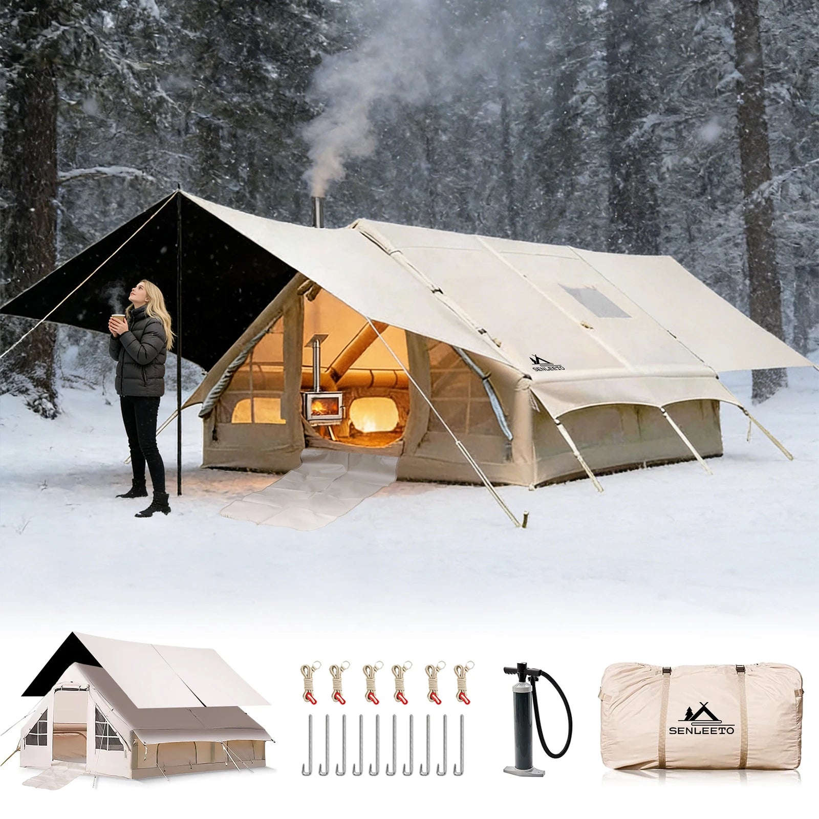 Inflatable Camping Tent 8-10 Person,129 Square Feets Large Inflatable Camping Tent with Stove Jack,Blow up Tent with AC Vent