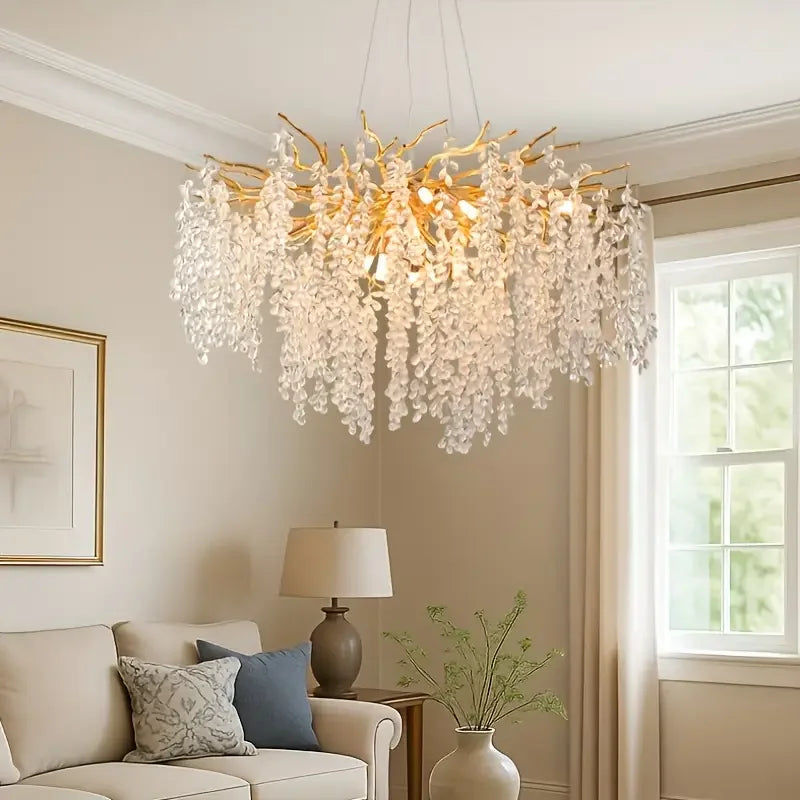 Modern golden crystal pendant light, 23.62 inch dimmable hanging raindrop pendant light, suitable for living rooms/entrances