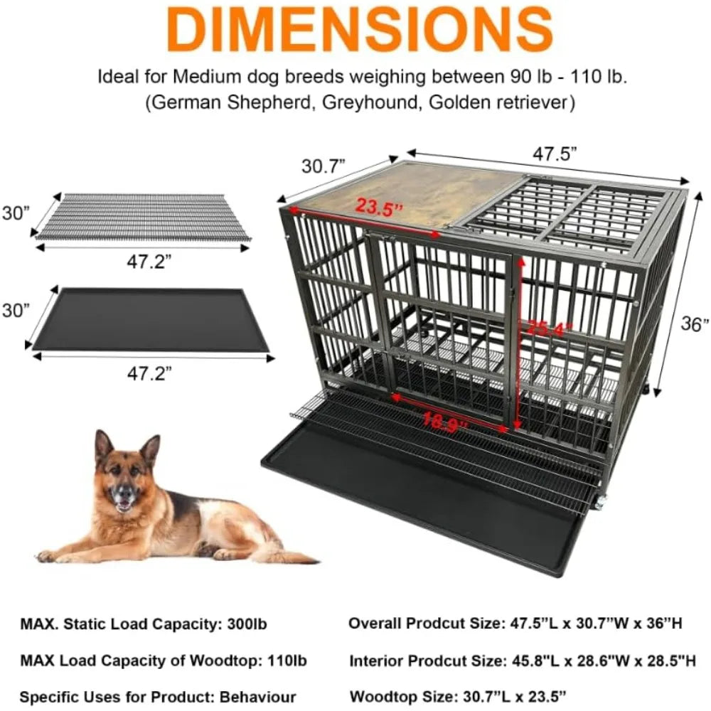 54/48/42/38 inch heavy duty dog crate cage with wheels, indestructible and escape proof steel kennel indoor for high anxiety dog