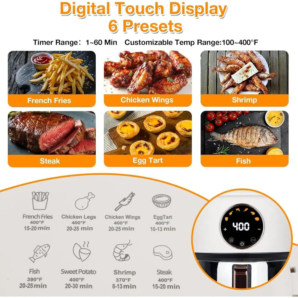 4.7QT Glass Air Fryer, 360° Viewable, 6-IN-1 Preset Cook, Digital Display, Adjustable Temp 100-400, Nonstick, Dishwasher Safe, W