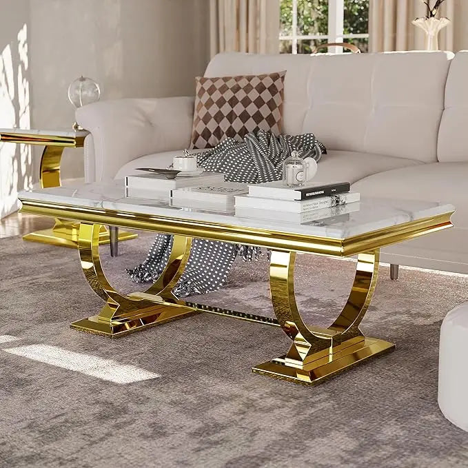 Gold Coffee Table, White and Gold Rectangle Living Room Tea Table, for Living Room, Elegant Coffee Table