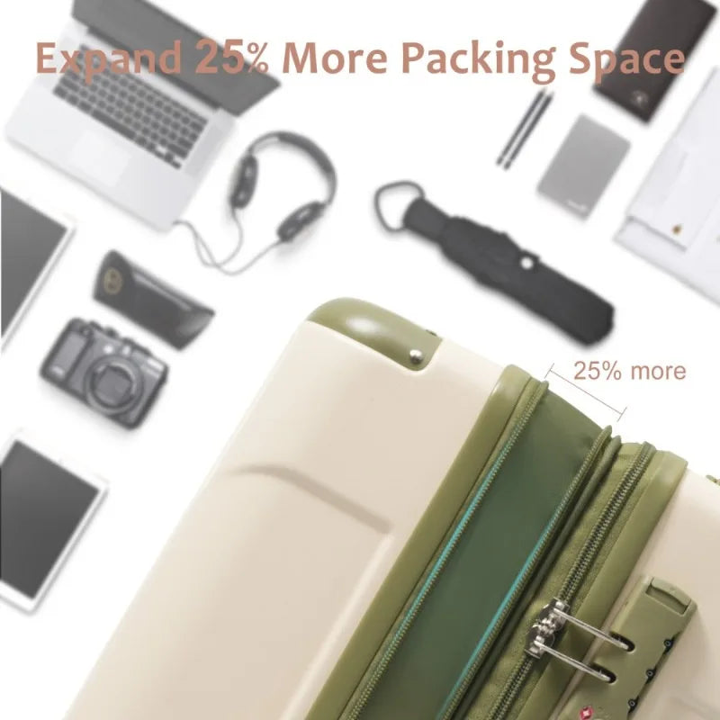 3 Piece Expandable Hardshell ABS Luggage Set with Double Spinner Wheels TSA Lock 20 24 28 Inch White Green