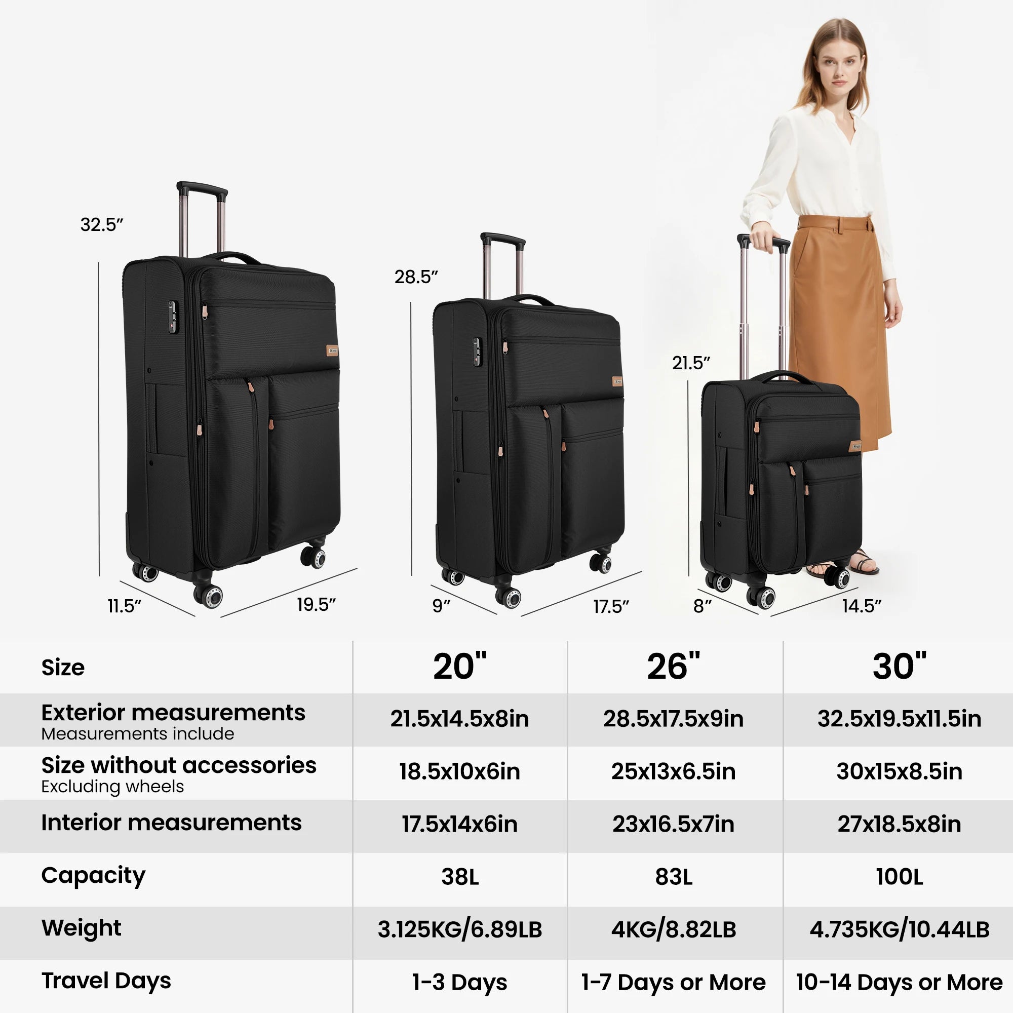 3 Piece Set Softside Luggage Upright Spinner Softshell Lightweight Suitcase Travel Set (26in/30in with 2" Expansion Gusset)