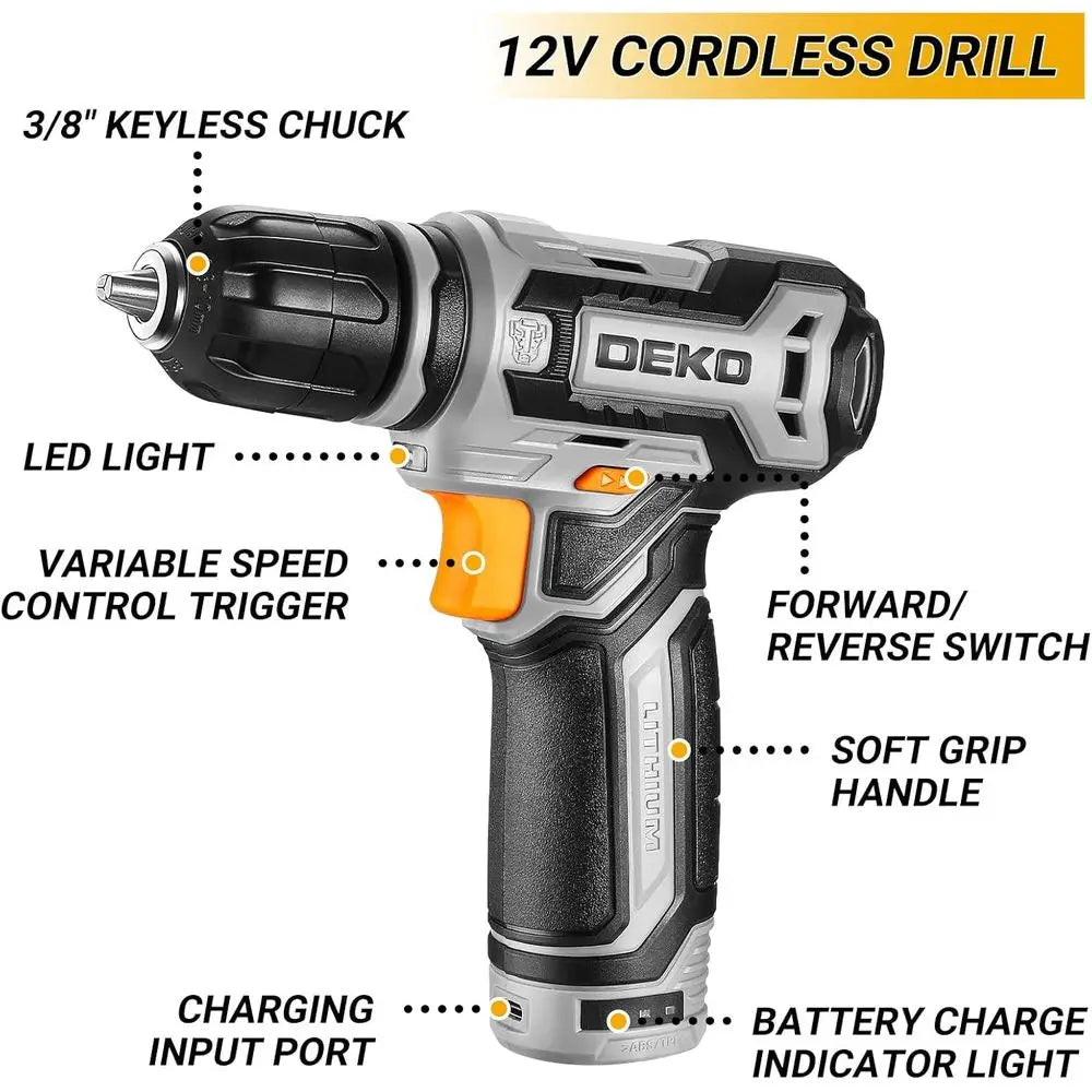 Tool Kit Box Drill Set：Home Mechanic Toolbox with 12V Power Cordless Drill Hand Repair Tools Sets Combo Kits Storage Organizer D
