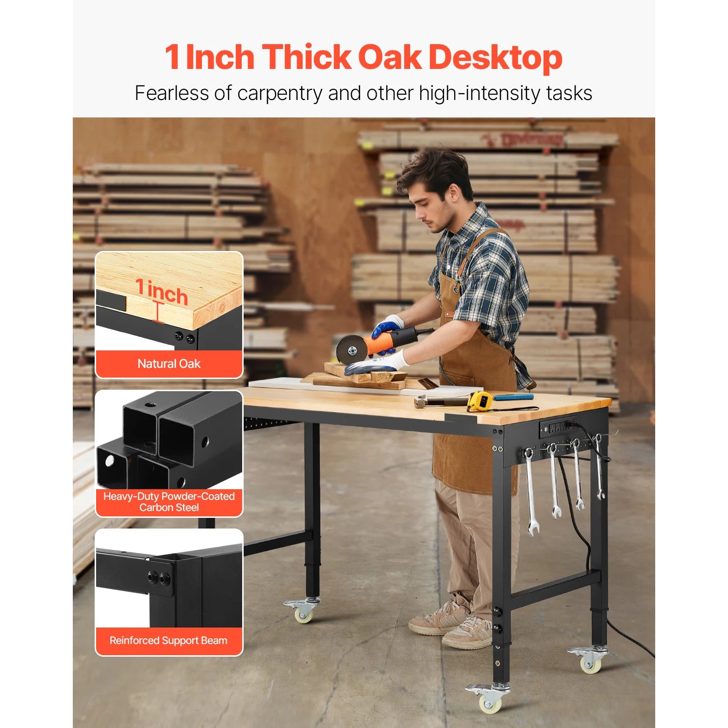 SucceBuy 2000LBS Adjustable Workbench Mutisize Work Bench with Power Outlet & Wheels Oak Wood Top Work Table for Garage Workshop