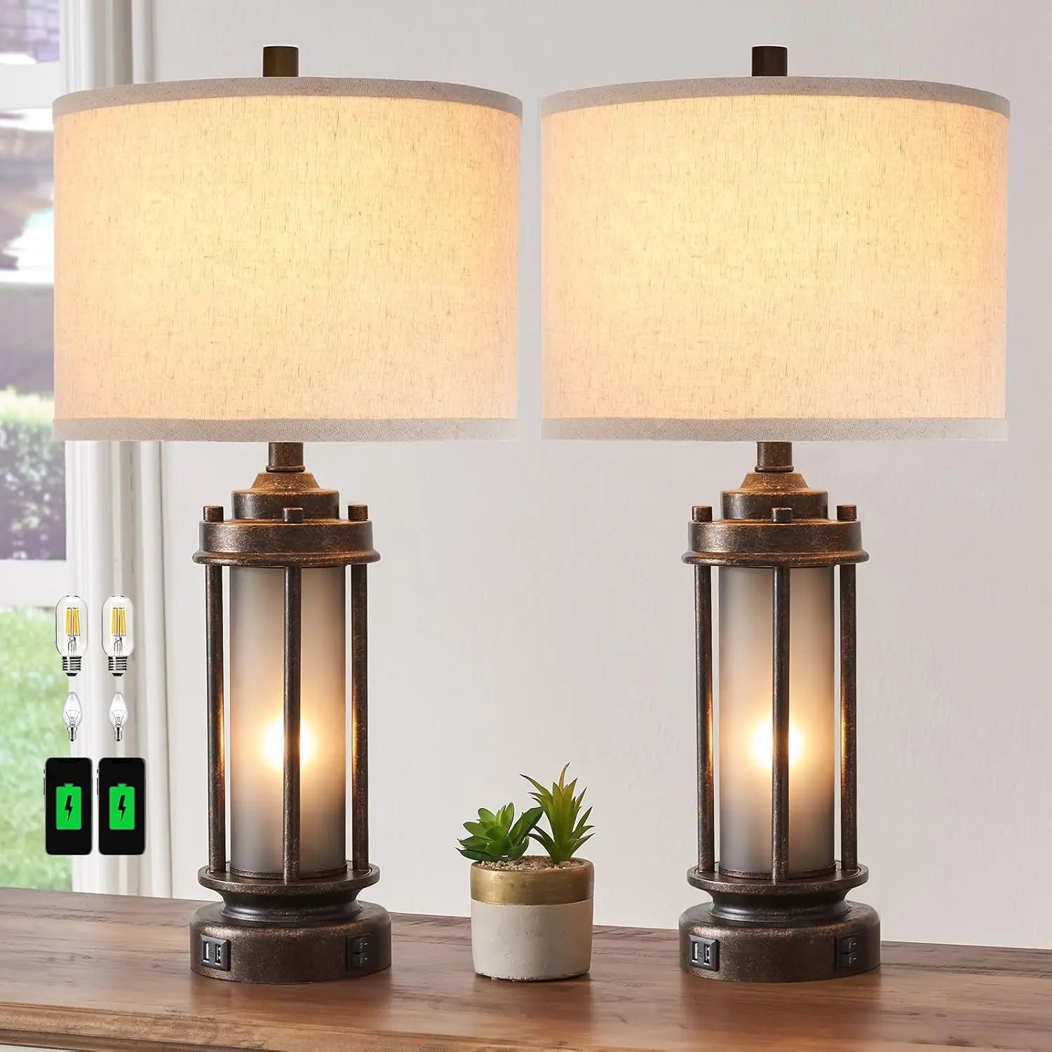 Set of 2 Rustic Farmhouse Table Lamps with USB Charging Ports, Night Light, and 4 Bulbs Included