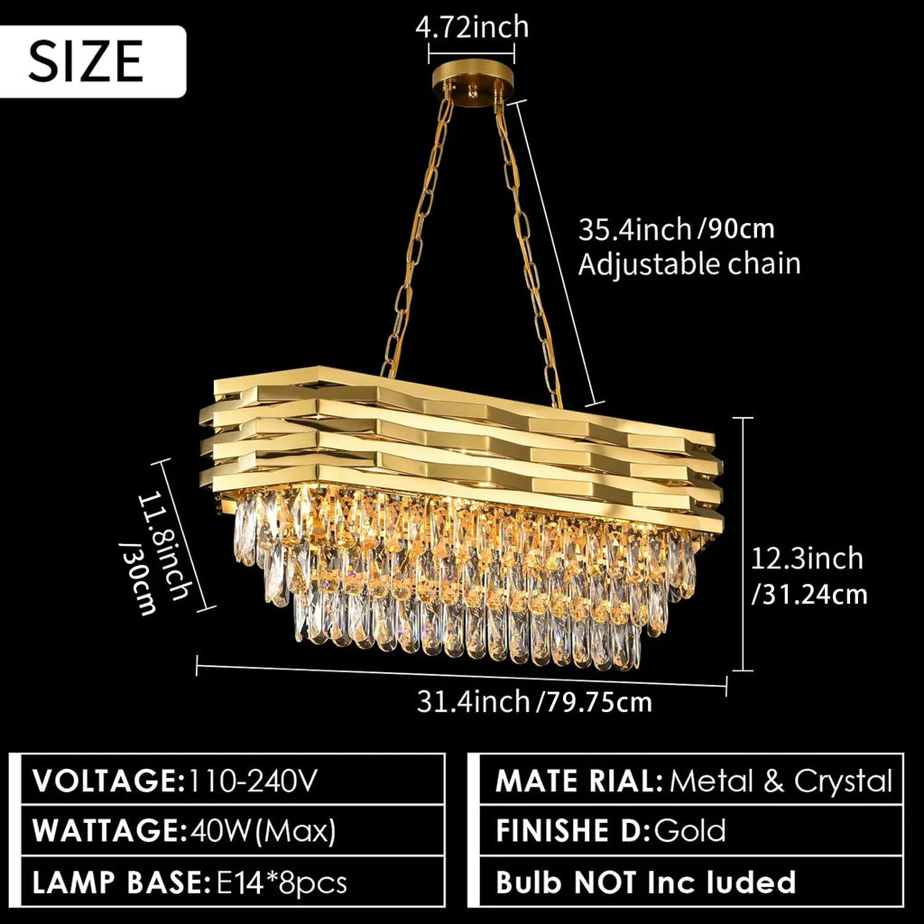 Modern Gold Crystal Chandelier,Oval Semi-Flush Mount Linear 3-Tier K9 Crystal Chandelier- dining room/kitchen island/living room