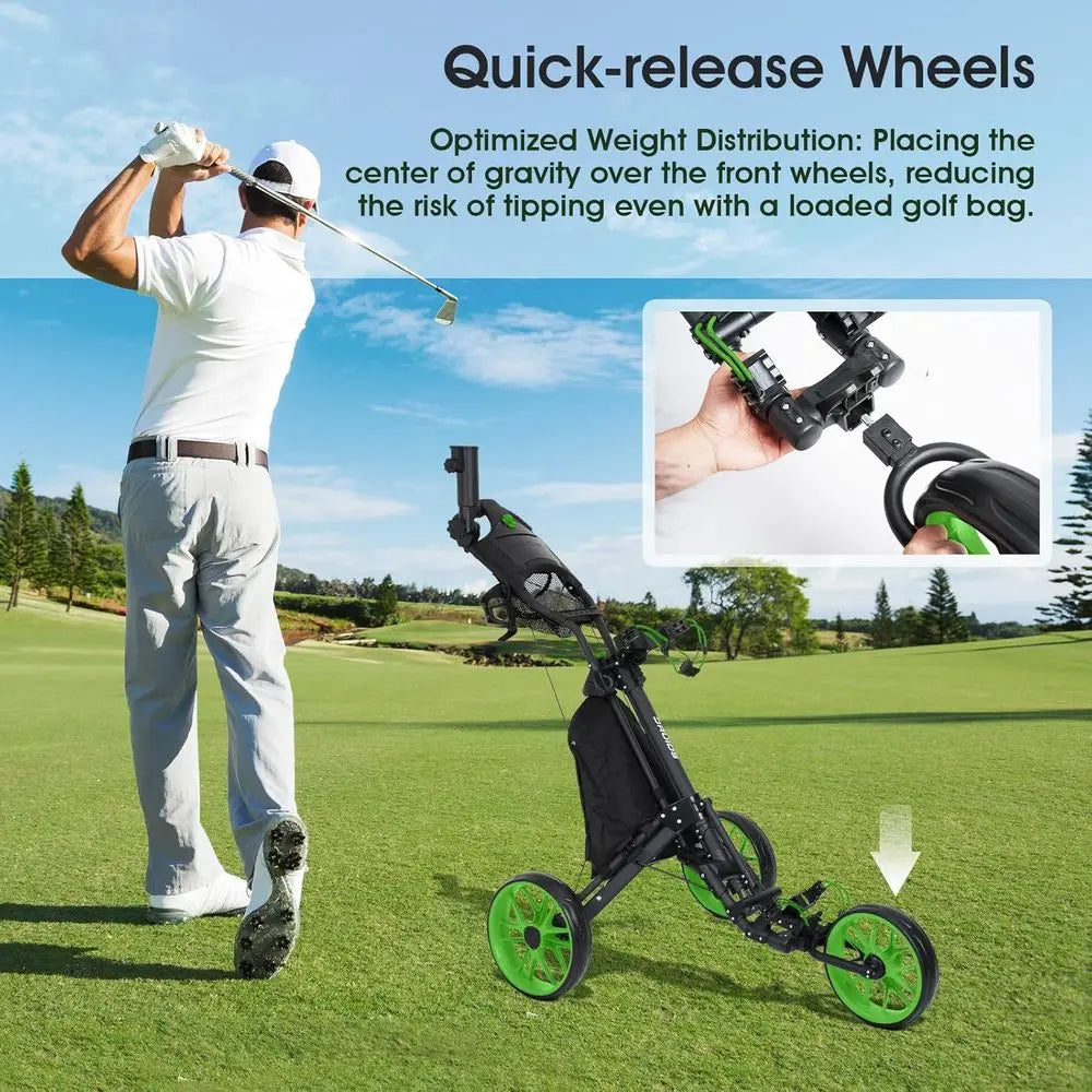 Compact Lightweight Golf Push Cart with Cooler, Flat Fold Trolley, Brake, and Cup Umbrella Holder