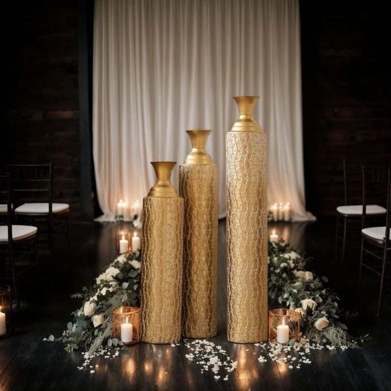 High Distress Gold Metal Decorative Vases 3-Piece Vine Patterned Home Decor Living Room Centerpieces 34\" 29\" 25\" Set USA