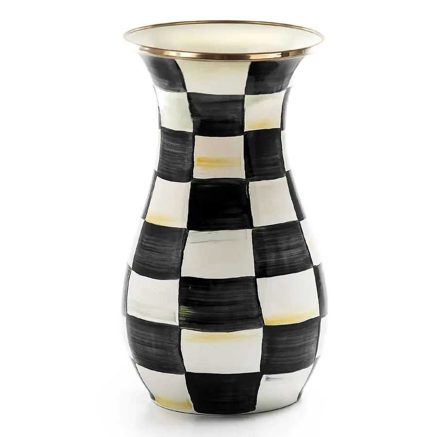 Tall Enamel Vase, Unique Flower Vase, Decorative Table Decor for Living Room, BlackandWhite Courtly Check