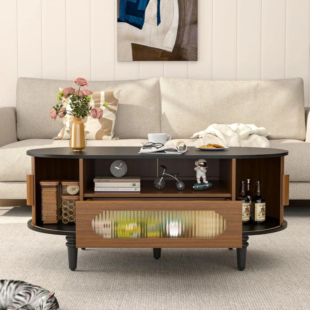 Fluted Round Coffee Table with Storage, Modern Oval Coffee Table with Drawer, Sliding Door, Low Small Center Tables for Living R
