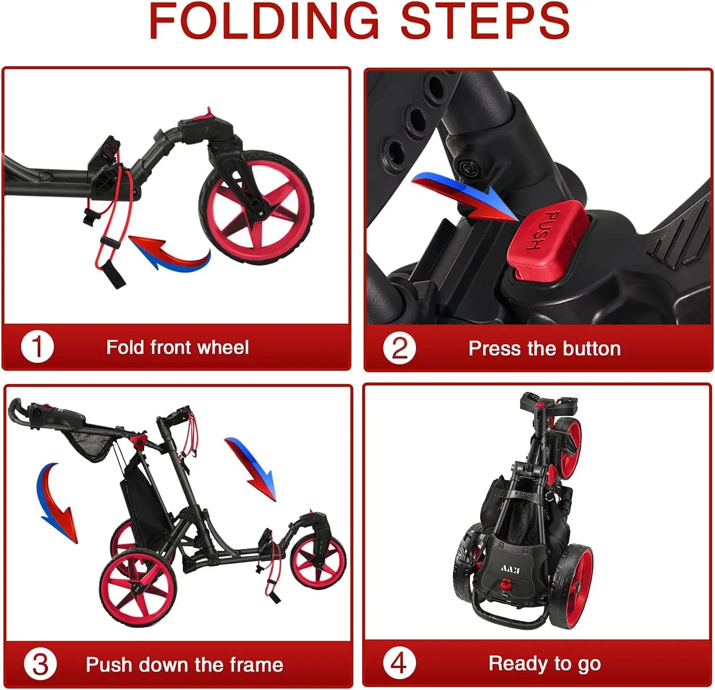 3 Wheel Golf Push Cart with 360 Rotating Front, Opens/Closes in 1 Second, Includes Free Umbrella Holder