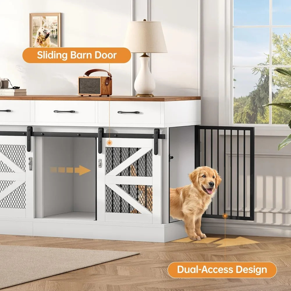 Large Dog Crate Furniture for 2 Dogs, 71 Dog Kennel Indoor with Removable Divider and 4 Storage Drawers, Sturdy Wooden