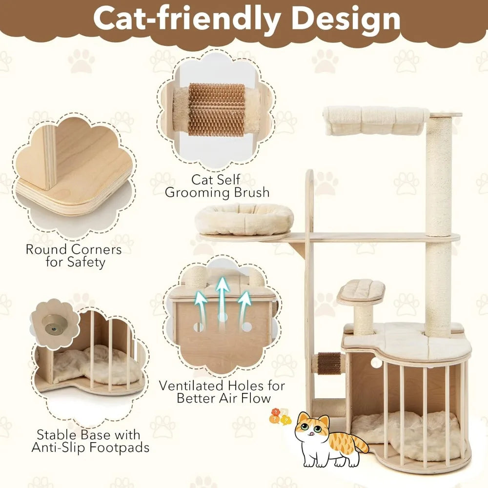 Wood Cat Tree for Indoor Cats, 55 Inch Multi-Level Cat Tower Activity Center with Hammock, Cat Condo, Sisal Scratching Posts