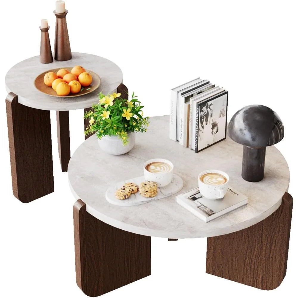 Modern Round Coffee Table & Side Table Set, Faux Marble Wood Top, Walnut & Cream White Legs, Minimalist Living Room,Customized