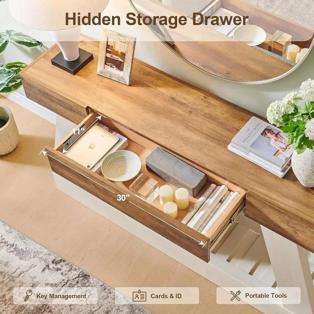 60 Antique White Armhouse Console Table for Narrow Entryways, Behind Sofa in Living Rooms and Halls