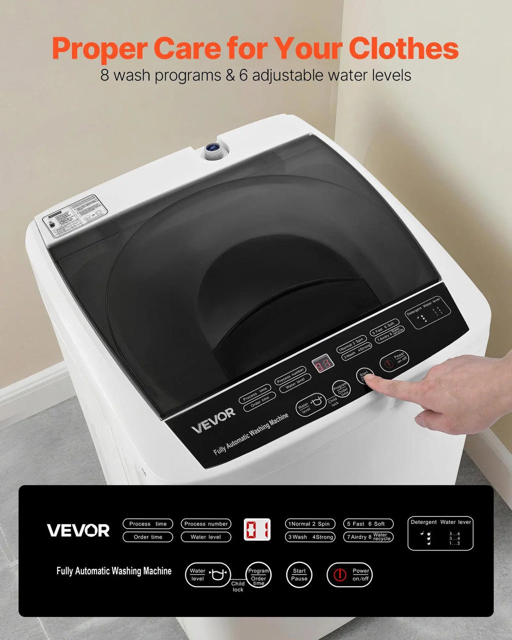 Portable Top-Load Washer 1.3cu.ft, 8 Modes, 6 Levels, LED Display, Stainless Tub, 9.92lbs Capacity