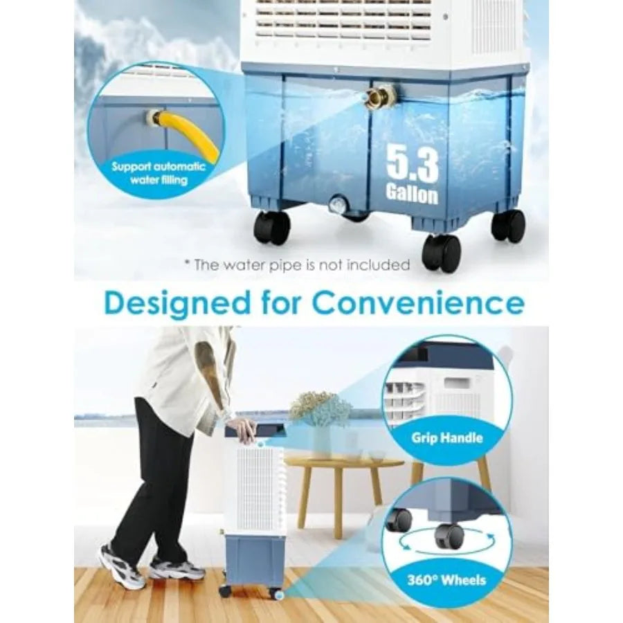 1800 CFM Evaporative Air Cooler with 6 Ice Boxes and 5.3 Gallon Water Tank for Outdoor Bedroom and Office Use 110 Auto Swing 3