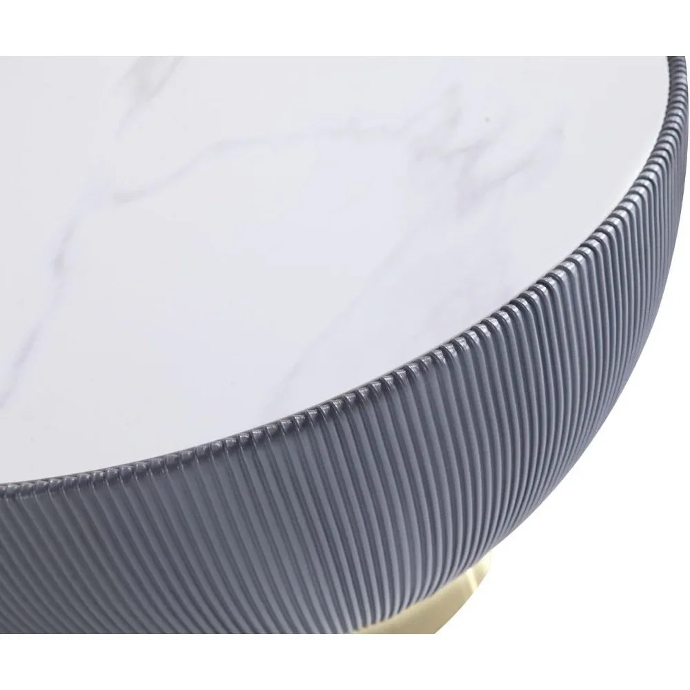 Anderson Modern 28.15" Round Coffee Table 2.0 - Ceramic Marble Tabletop, Elegant Pleated Leatherette Details