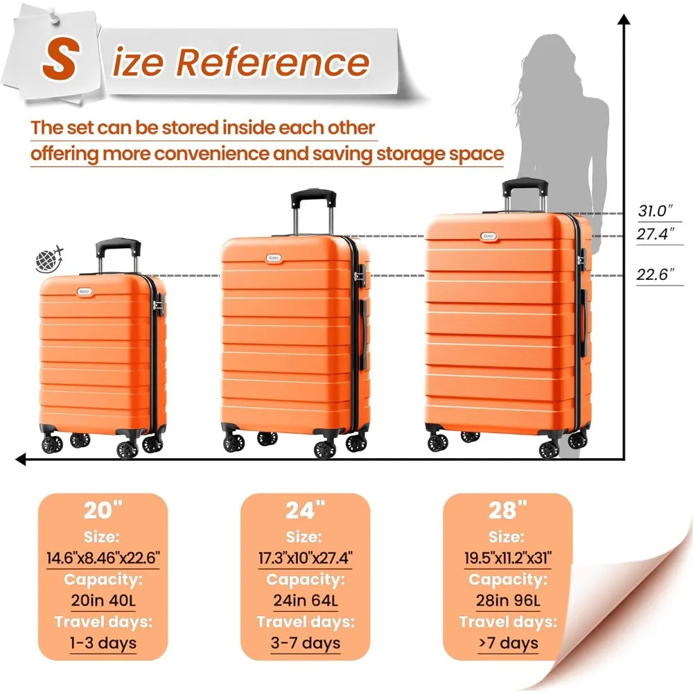 3-piece hardshell abs luggage set with 4 double spinner wheels and tsa lock, lightweight travel suitcases