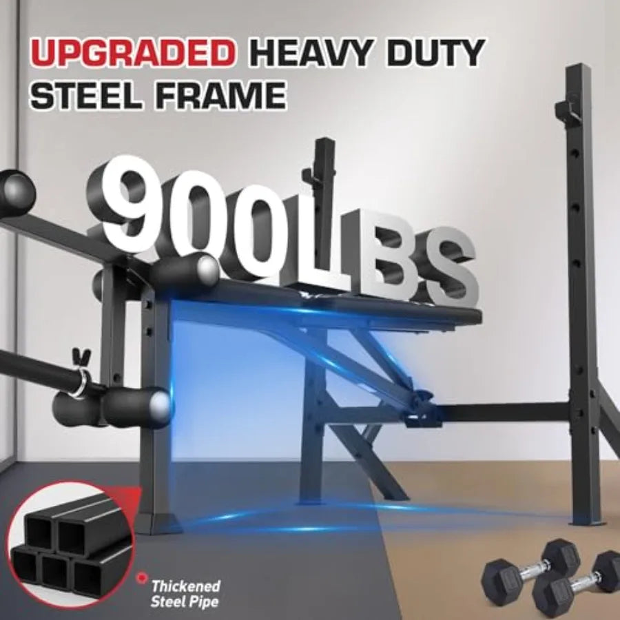 Adjustable Weight Bench Press Set 900LBS with 72''W Squat Rack Leg Extension/Curl Foldable Workout Bench for Full Body Fitness