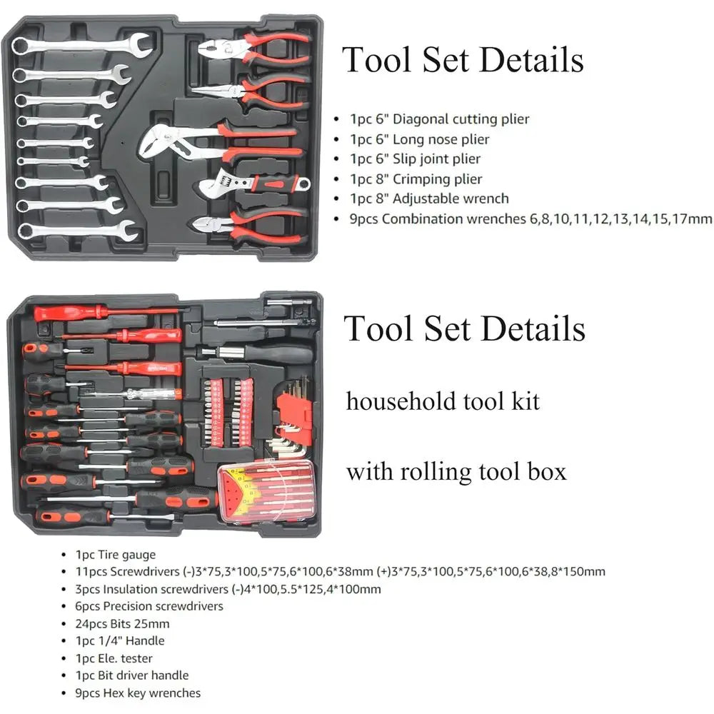 Tool Set, Household Tool Kit with Rolling Tool Box, Complete Tool Box Set Hand Tool Set with Tool Box, Mechanic Tool Set Rolling