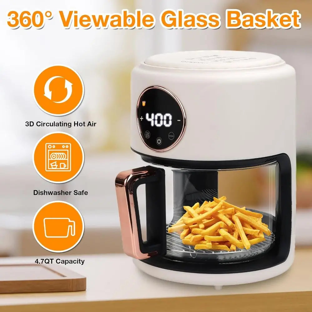 4.7QT Glass Air Fryer, 360° Viewable, 6-IN-1 Preset Cook, Digital Display, Adjustable Temp 100-400, Nonstick, Dishwasher Safe, W