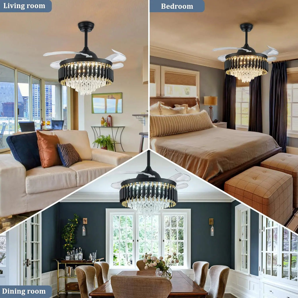 42 Inch Dimmable Crystal Ceiling Fans with Light Modern Chandelier Fan LED Fandelier with Remote 6 Speed, 3 Light Change Retract