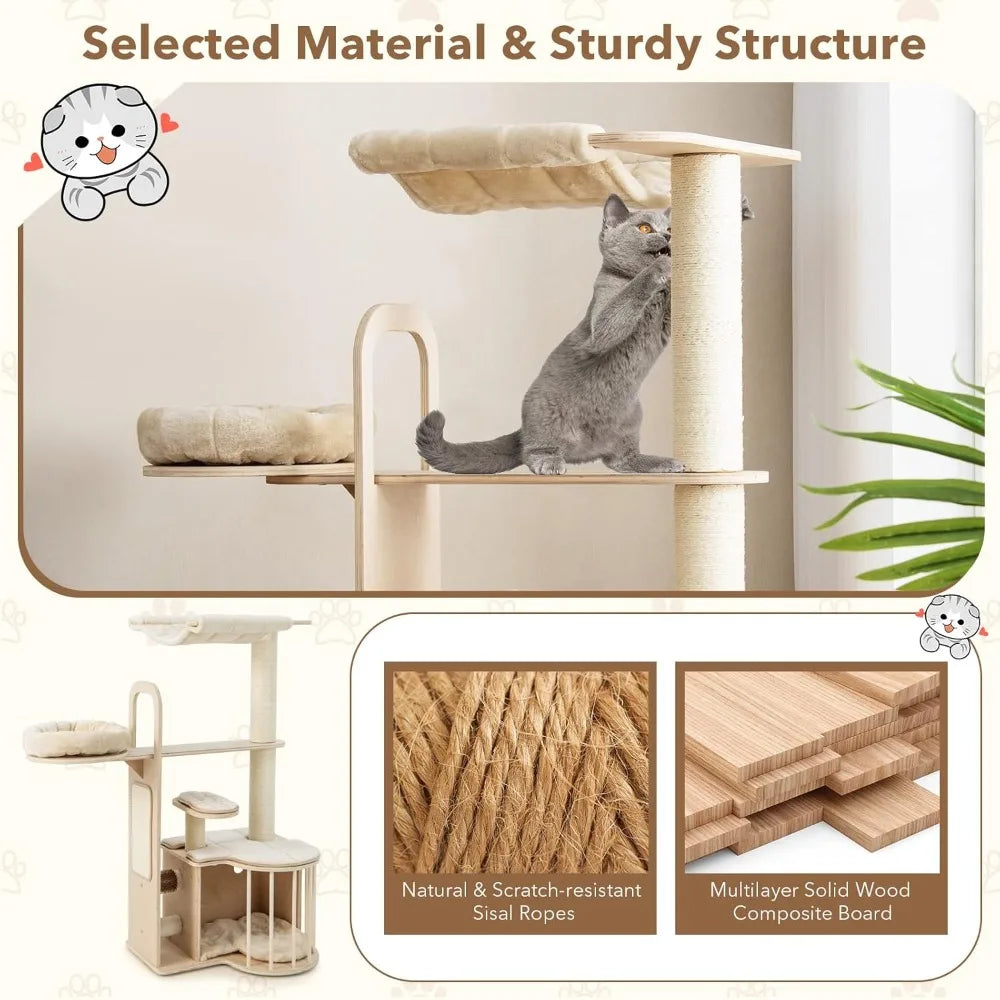 Wood Cat Tree for Indoor Cats, 55 Inch Multi-Level Cat Tower Activity Center with Hammock, Cat Condo, Sisal Scratching Posts