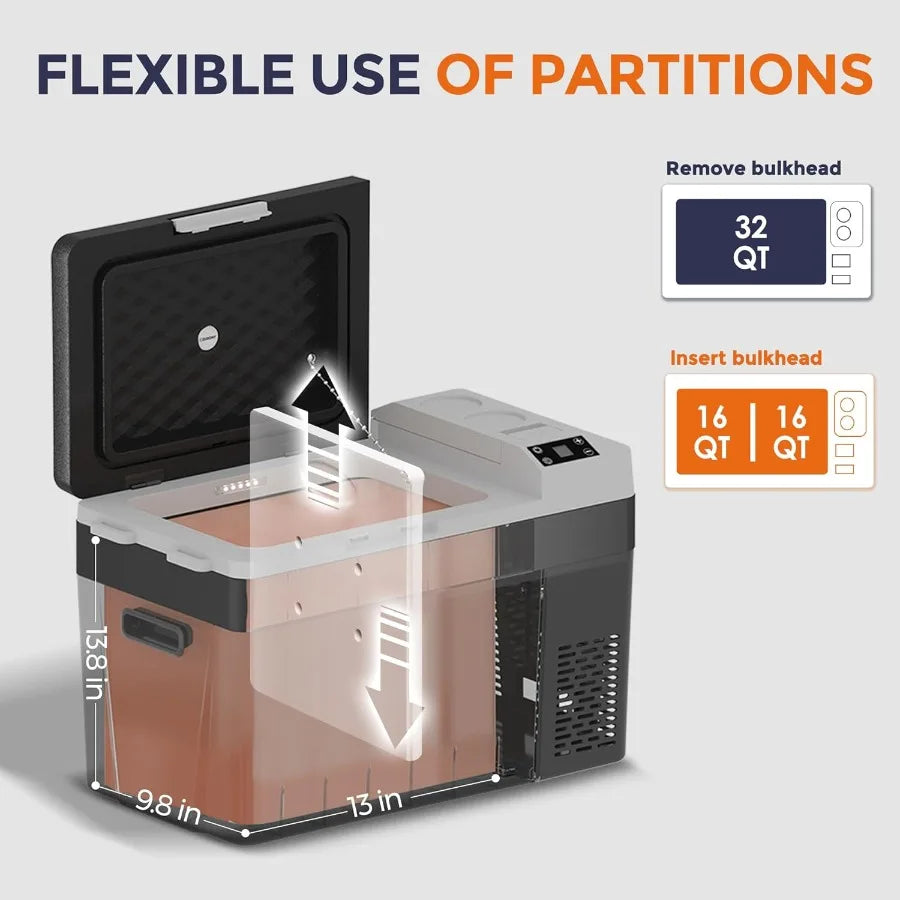 12 Volt Refrigerator Electric Cooler - 32Quart 30L Refrigerator Compressor 12/24V DC 100-240V AC 12V Fridge Usable Battery for