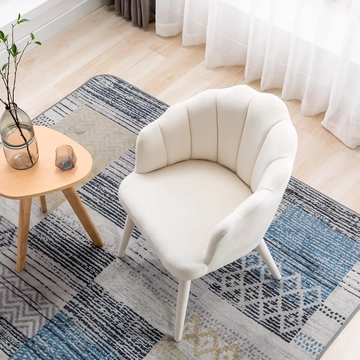 Velvet Dining Chairs 2,Upholstered Mid-Century Accent Petal Back Wooden Legs Kitchen Bedroom Cream,Customized