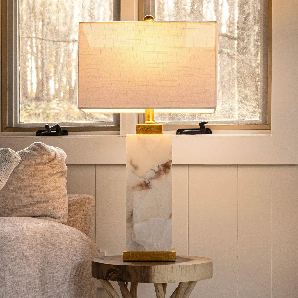 27.5" Alabaster LED Table Lamp with Gold Leaf, Coastal Contemporary Design for Bedroom Living Room Office