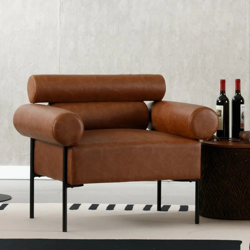 Leather Mid-Century Accent Chair Armchair, Soft Lounge Chair Upholstered Oversized Leisure Chair Single Sofa for Living