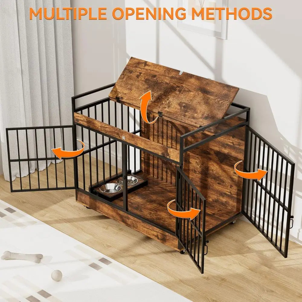 45 Inch XL Dog Crate with Stainless Steel Bowls, Heavy Duty Indoor Kennel, Wooden Dog Crate Table for Home Decor