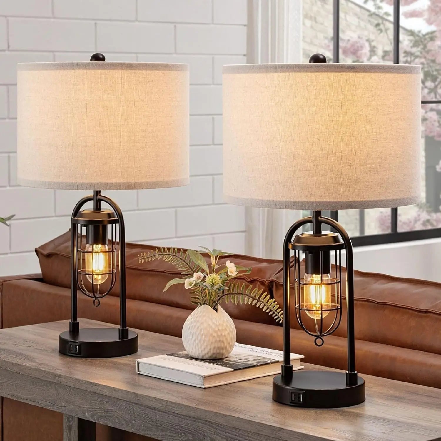 Set of 2 Modern Farmhouse Table Lamps with USB Ports and Night Light for Living Room Bedroom (Bulbs Included)