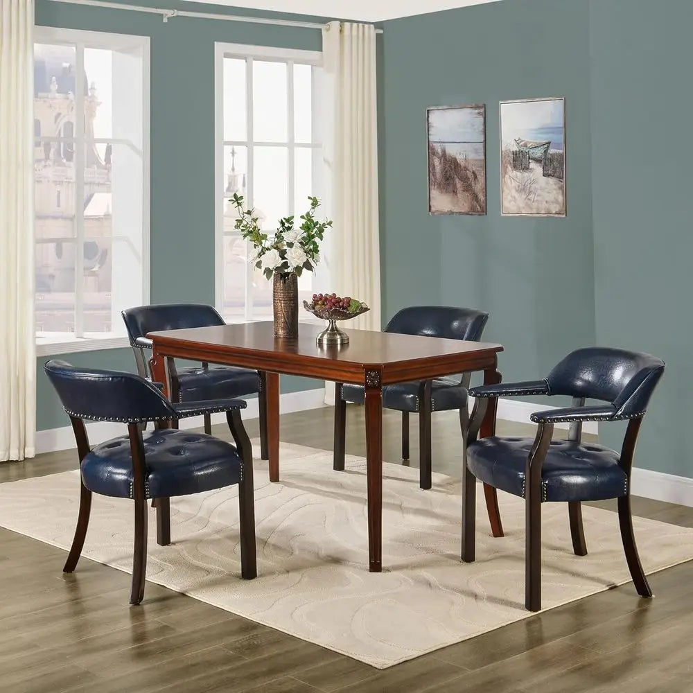 Upholstered Dining Chairs Set of 2 with Arms, Vintage Accent Stools, Brown Legs & Navy Blue, NX173-318LB