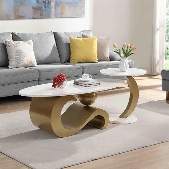 2 Piece Living Room Set, Modern Nest Coffee Table Set of 2, Faux Marble Tabletop Oval Coffee and End Table Set with Gold Iron Ge