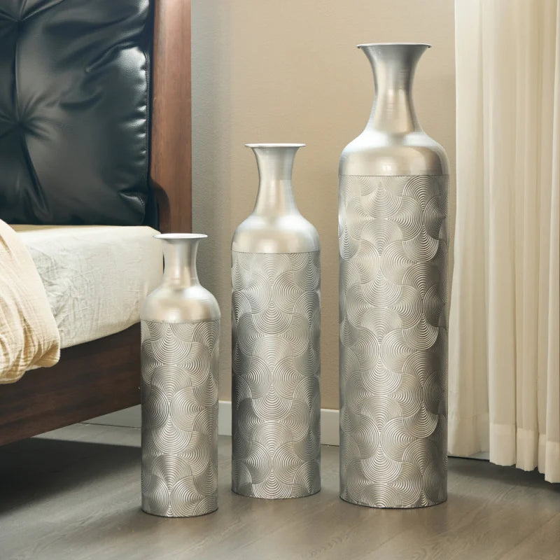 Large Size Modern Set Of 3 Silver Metal Floor Vases Tall Cylinder Wave Pattern Home Decor For Living Room Shipping From The USA