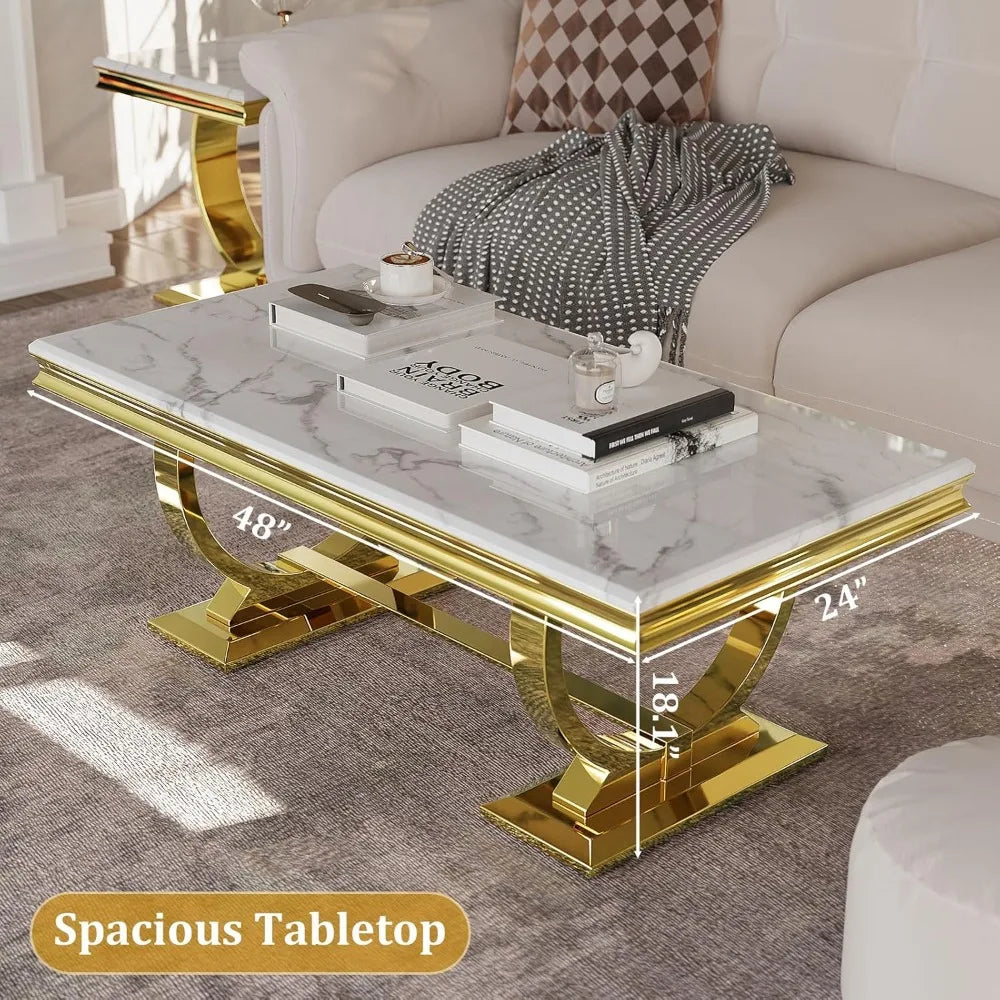 Gold Coffee Table, White and Gold Rectangle Living Room Tea Table, for Living Room, Elegant Coffee Table