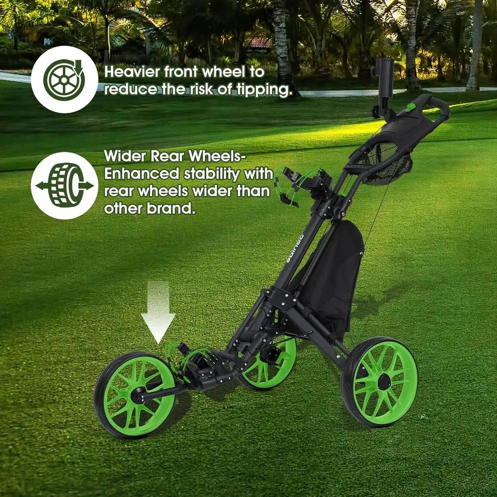 Compact Lightweight Golf Push Cart with Cooler, Flat Fold Trolley, Brake, and Cup Umbrella Holder