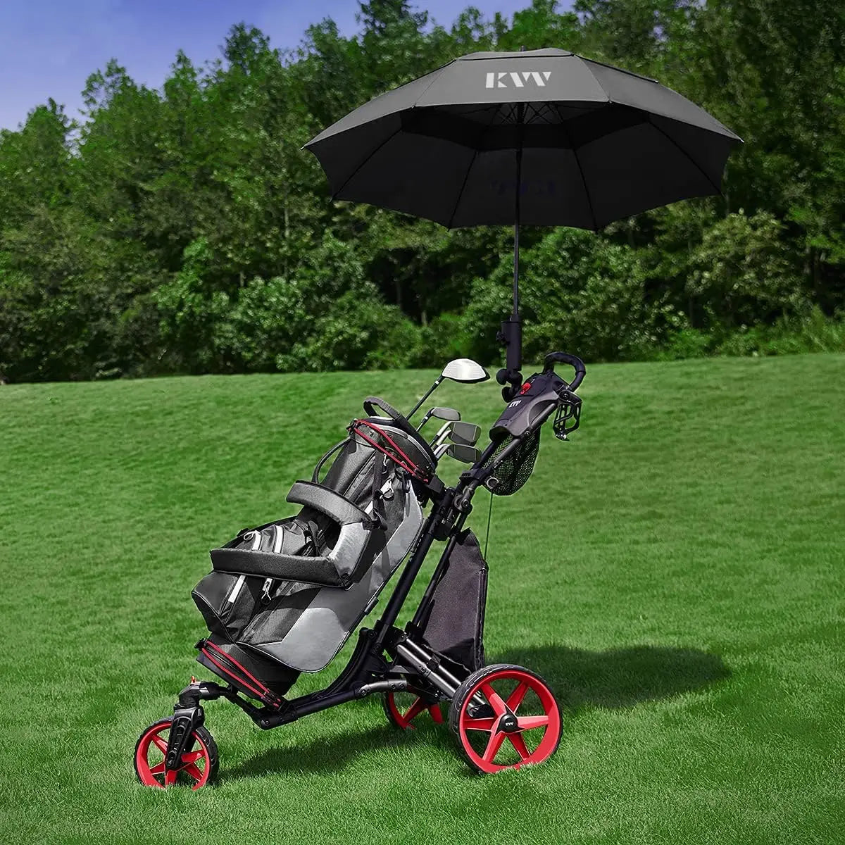 3 Wheel Golf Push Cart with 360 Rotating Front, Opens/Closes in 1 Second, Includes Free Umbrella Holder