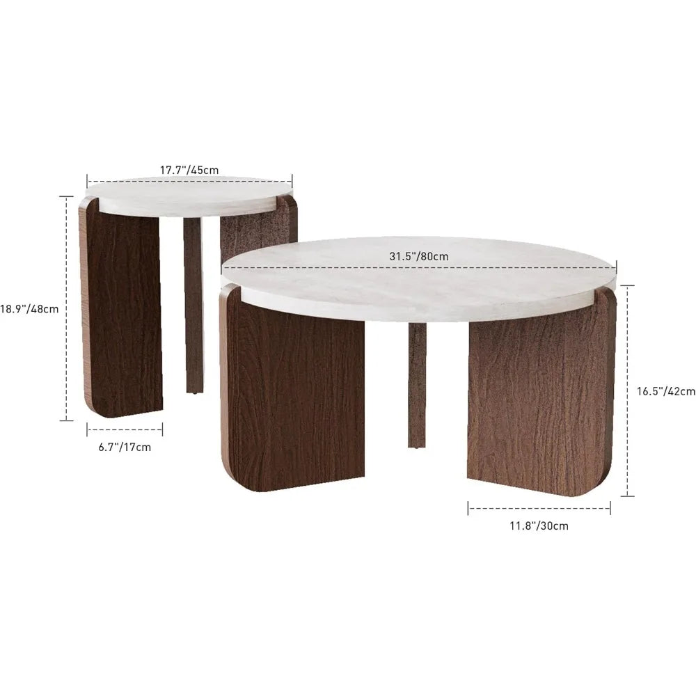 Modern Round Coffee Table & Side Table Set, Faux Marble Wood Top, Walnut & Cream White Legs, Minimalist Living Room,Customized
