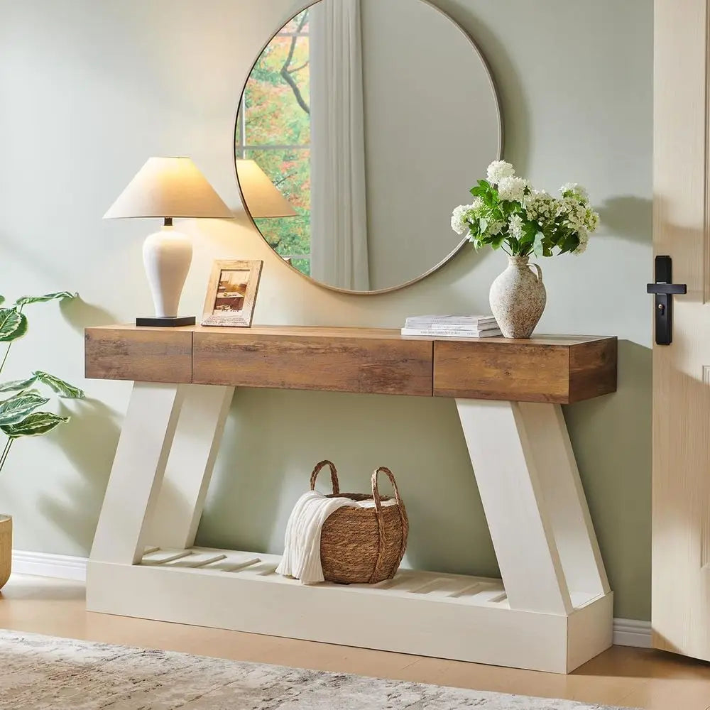 60 Antique White Armhouse Console Table for Narrow Entryways, Behind Sofa in Living Rooms and Halls