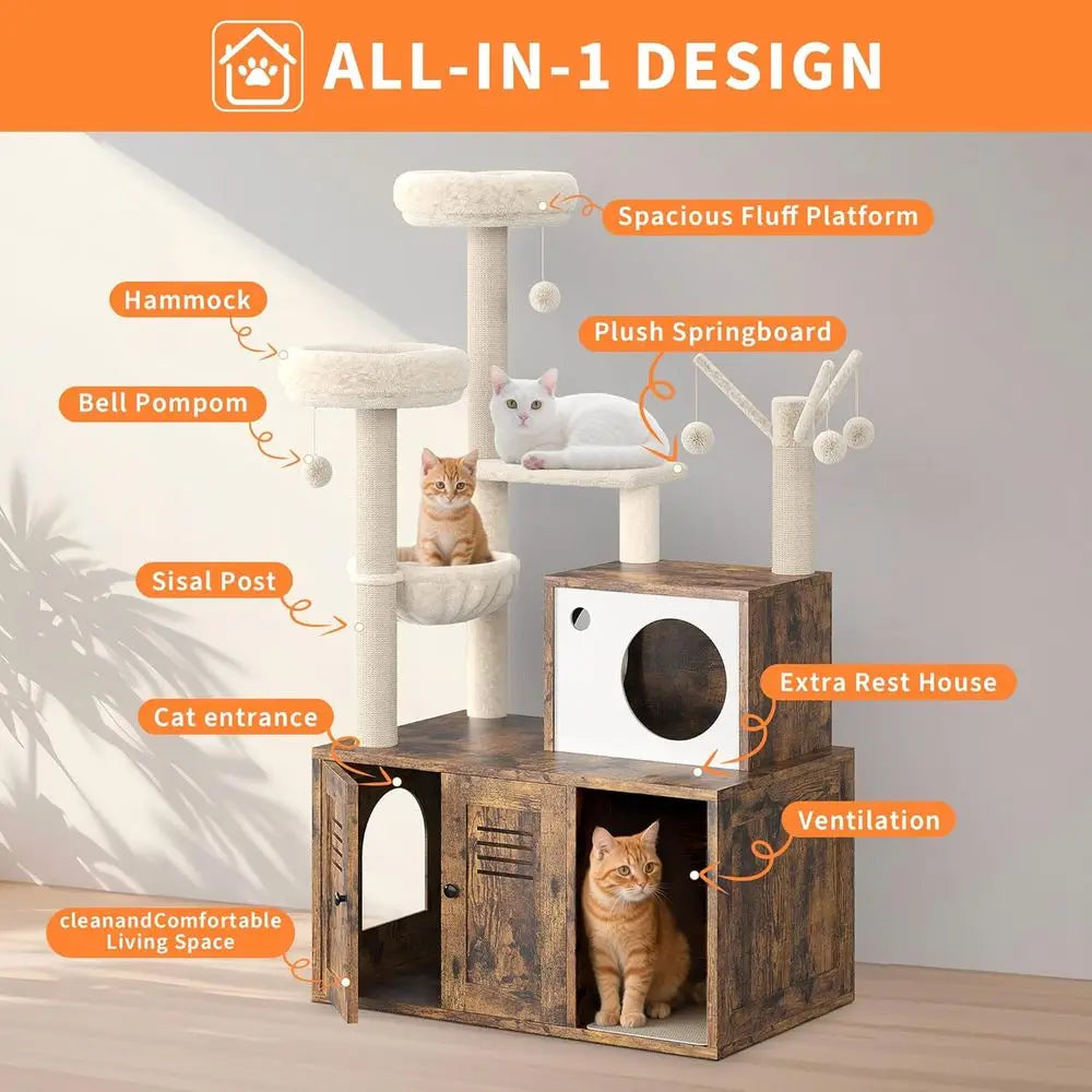 Litter Box Enclosure with Tree Tower and Condo, Wooden Cat Tower with Scratching Posts, Cat Hammock, Hidden Litter Box Furniture
