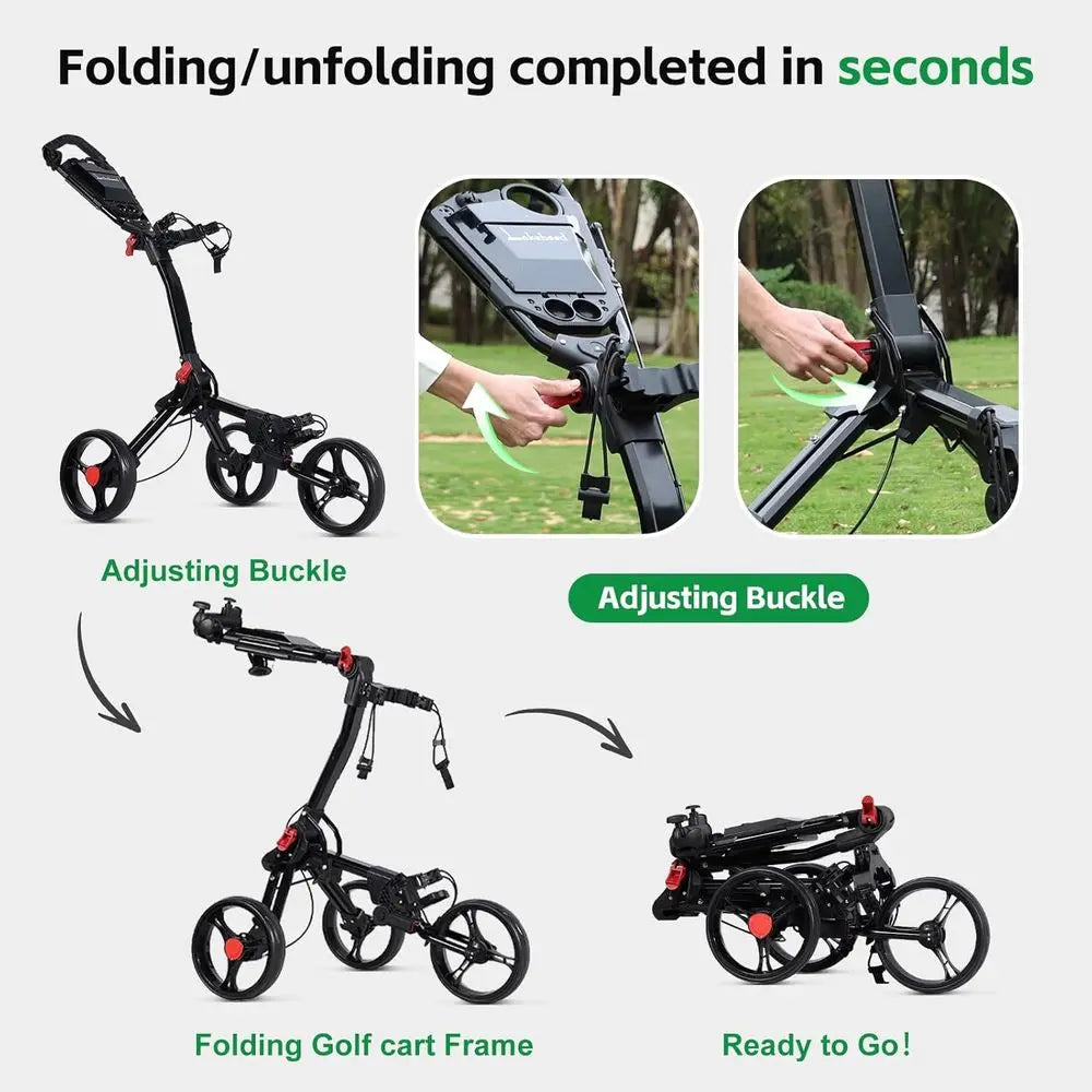 Golf Push Cart, 3 Wheel Foldable Golf Bag Cart, Easy to Open/Fold, Golf Caddy Push Cart with Umbrella Stand, Cup Holder, Scorebo