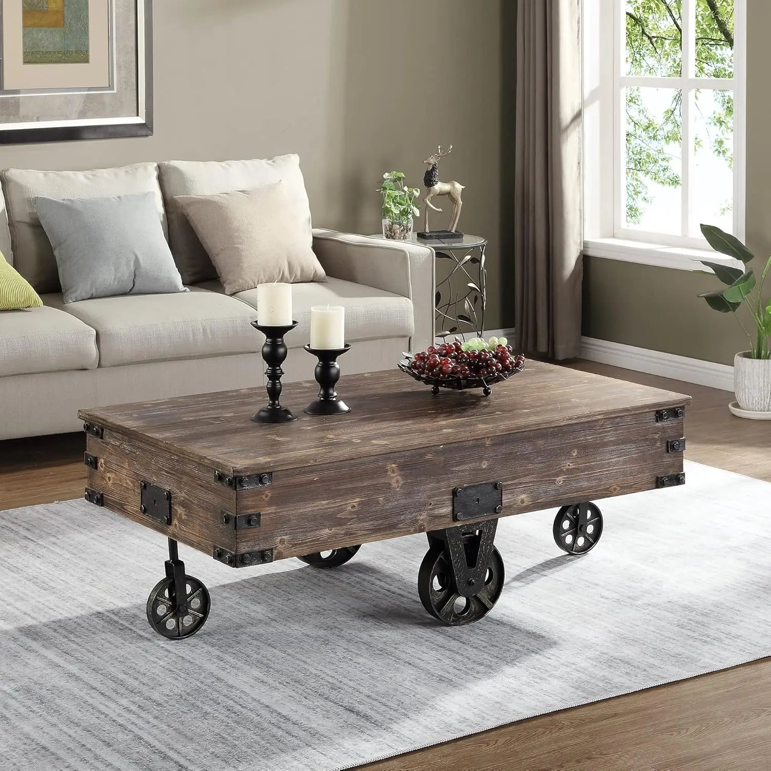 Factory Cart Coffee Table, Vintage Center Table With Wheels For Living Room, Rectangular, Wood, Farmhouse, 47.25 Inc
