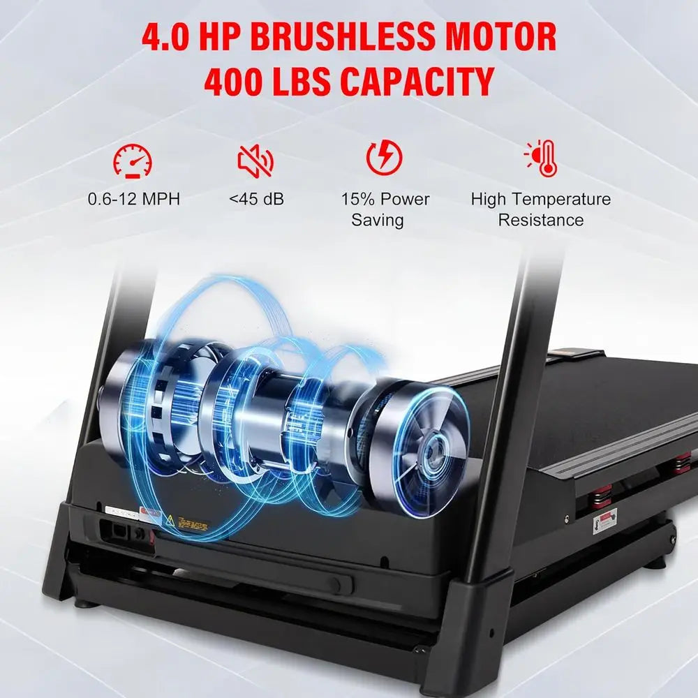 High-Capacity 20% Auto Incline Treadmill: 400 LB, 20 Deck, 0.6-12 MPH, LED Display, Bluetooth, Foldable, App-Enabled