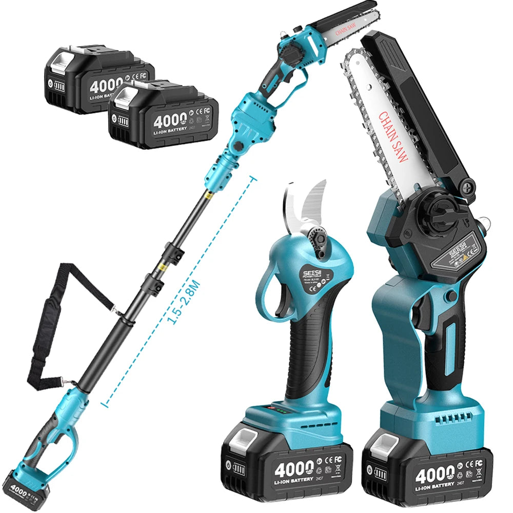 Seesii 3-in-1 6'' Electric High Branch Saw Brushless Chainsaw w/2.4m Extension Telescopic Rod Wood Cutter Pruning Garden Tools