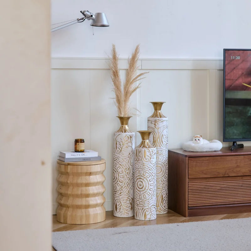 Home Decoration Set 3 White Glazed Metal Floor Vases 24in/28.7in/33.5in Height Elegant Living Room Decor Shipping From USA